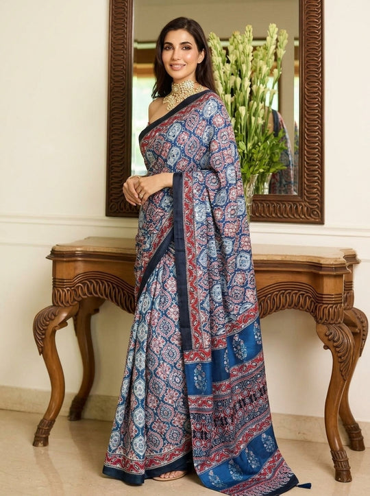Printed Bandhani Ajrak Mirrorwork Saree