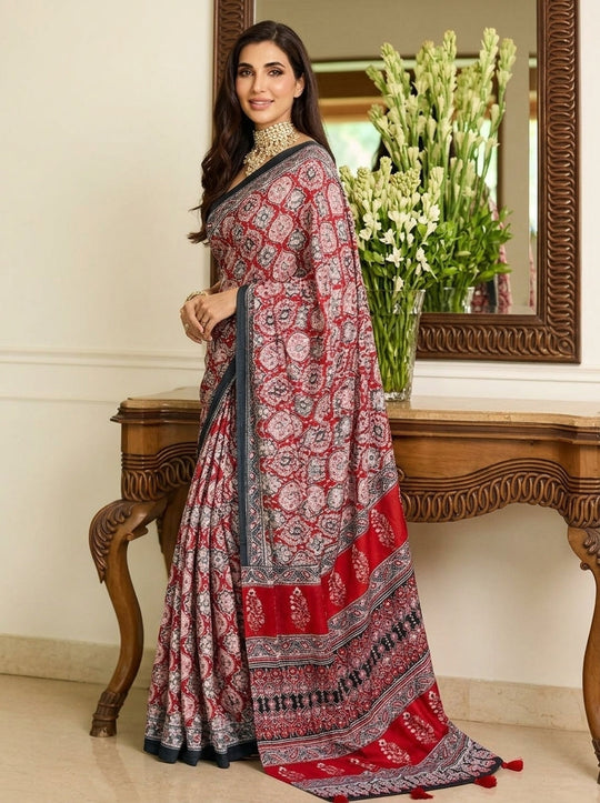 Printed Bandhani Ajrak Mirrorwork Saree
