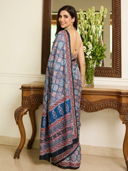 Printed Bandhani Ajrak Mirrorwork Saree