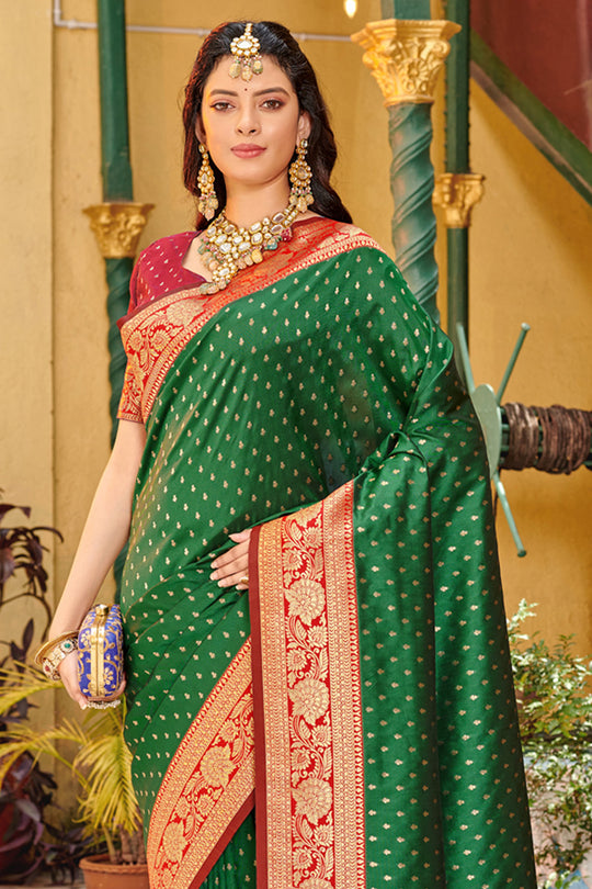 Green Banarasi Silk Saree With Blouse Piece