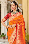 Orange Banarasi Silk Saree With Blouse Piece