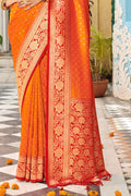 Orange Banarasi Silk Saree With Blouse Piece