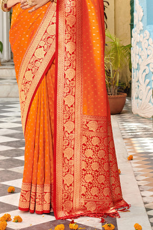Orange Banarasi Silk Saree With Blouse Piece