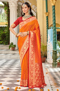 Orange Banarasi Silk Saree With Blouse Piece