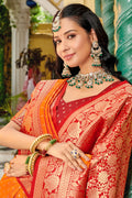 Orange Banarasi Silk Saree With Blouse Piece