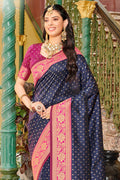 Navy Blue Banarasi Silk Saree With Blouse Piece