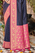 Navy Blue Banarasi Silk Saree With Blouse Piece