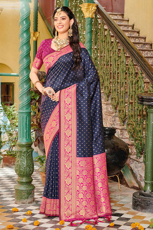 Navy Blue Banarasi Silk Saree With Blouse Piece