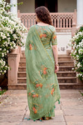 Green Cotton Print Woven Work Traditional Saree