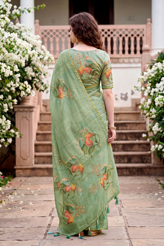 Green Cotton Print Woven Work Traditional Saree