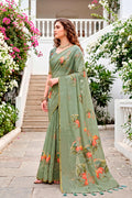 Green Cotton Print Woven Work Traditional Saree