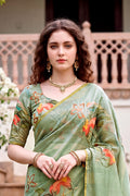 Green Cotton Print Woven Work Traditional Saree