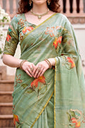 Green Cotton Print Woven Work Traditional Saree
