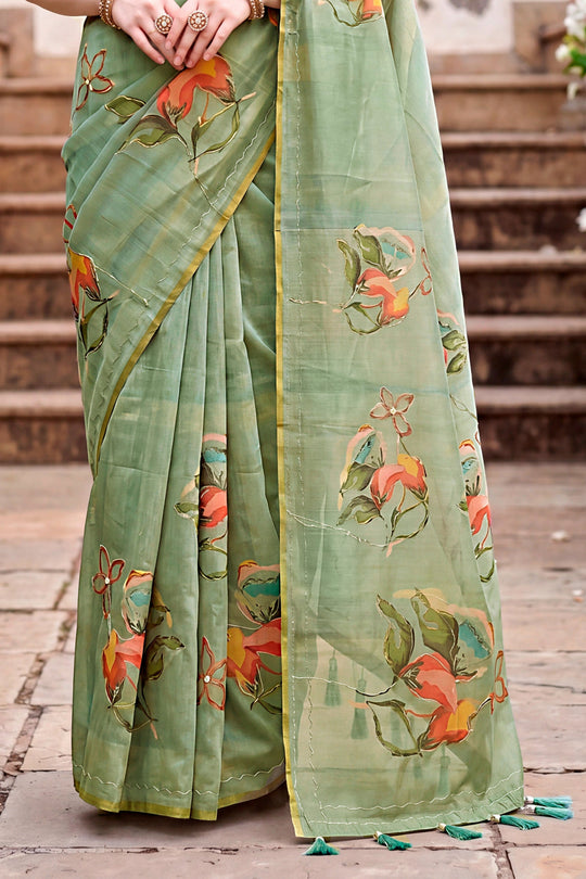 Green Cotton Print Woven Work Traditional Saree
