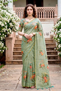 Green Cotton Print Woven Work Traditional Saree