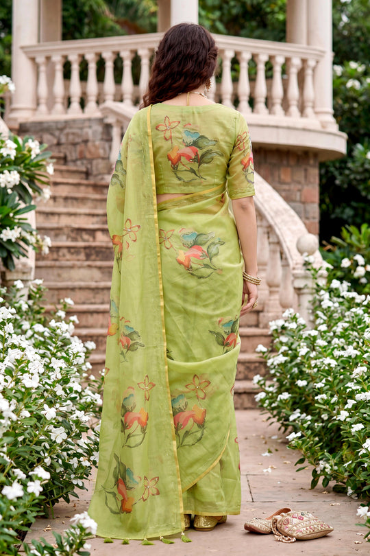 Pista Green Cotton Print Woven Work Traditional Saree