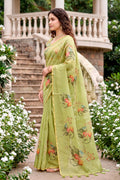 Pista Green Cotton Print Woven Work Traditional Saree