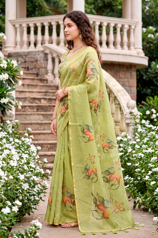 Pista Green Cotton Print Woven Work Traditional Saree