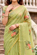 Pista Green Cotton Print Woven Work Traditional Saree