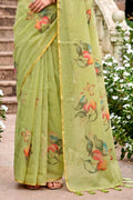 Pista Green Cotton Print Woven Work Traditional Saree