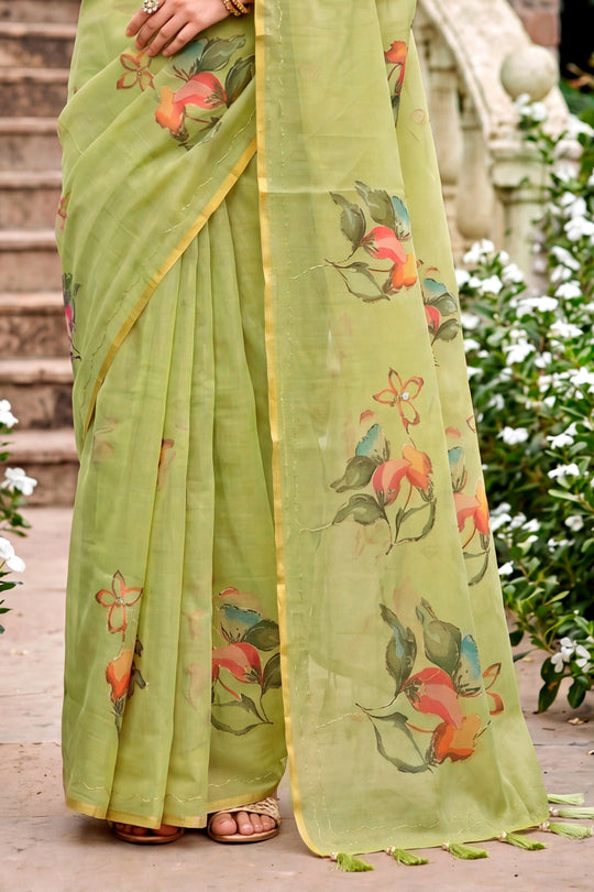 Pista Green Cotton Print Woven Work Traditional Saree