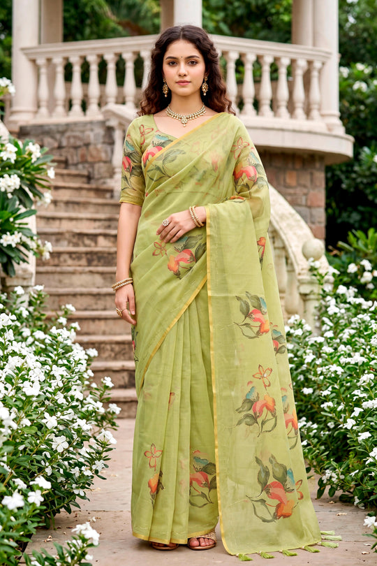 Pista Green Cotton Print Woven Work Traditional Saree