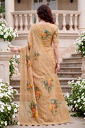 Beige Cotton Print Woven Work Traditional Saree