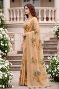 Beige Cotton Print Woven Work Traditional Saree