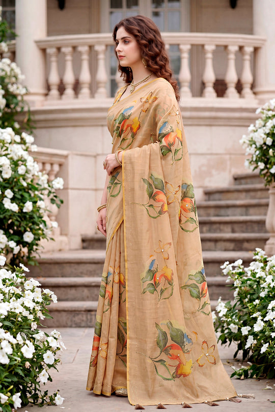 Beige Cotton Print Woven Work Traditional Saree