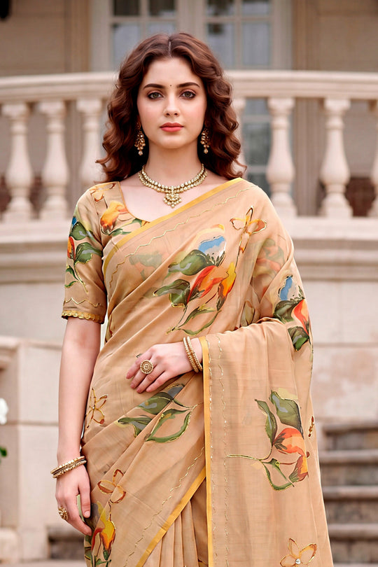 Beige Cotton Print Woven Work Traditional Saree
