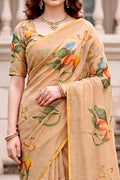Beige Cotton Print Woven Work Traditional Saree