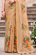Beige Cotton Print Woven Work Traditional Saree