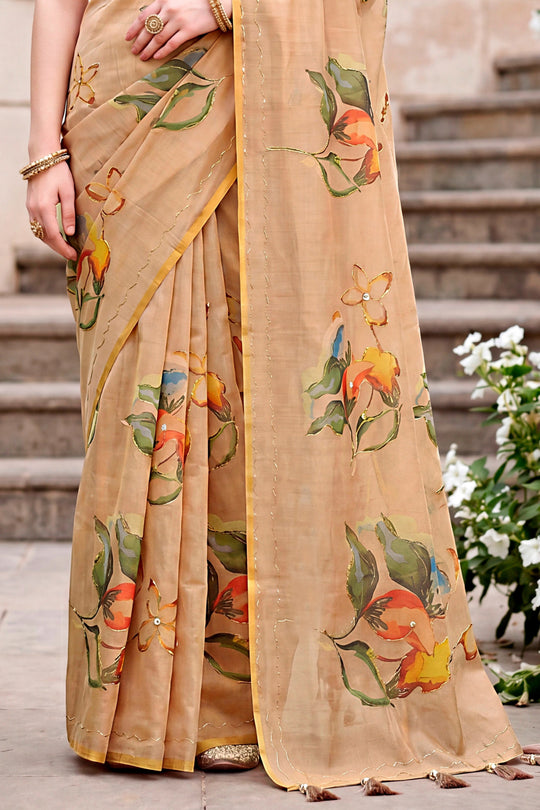 Beige Cotton Print Woven Work Traditional Saree