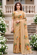 Beige Cotton Print Woven Work Traditional Saree