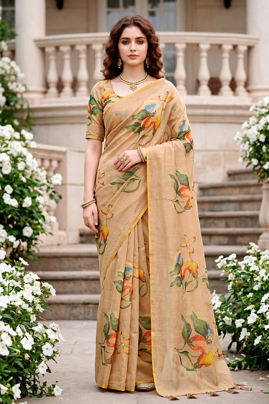 Beige Cotton Print Woven Work Traditional Saree