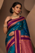 Teal Blue Silk Woven Work Traditional Saree