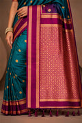 Teal Blue Silk Woven Work Traditional Saree