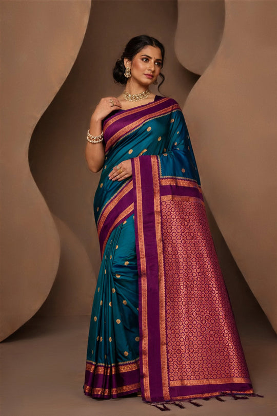 Teal Blue Silk Woven Work Traditional Saree