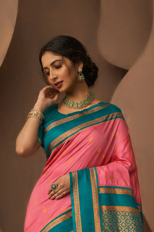 Dark Peach Silk Woven Work Traditional Saree