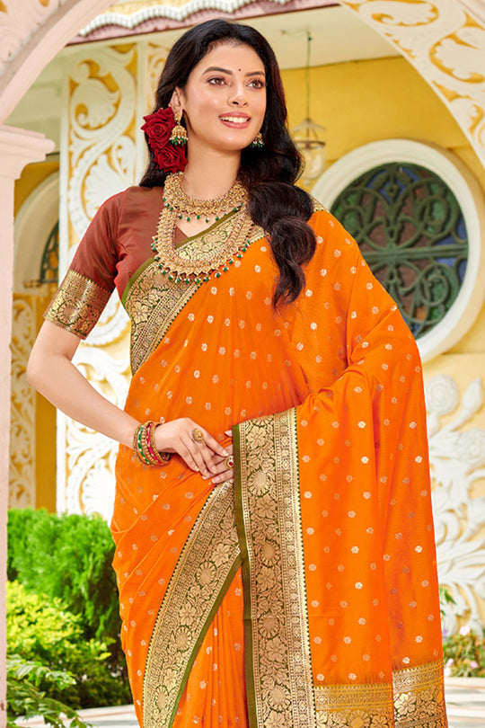 Orange Banarasi Silk Saree With Blouse Piece