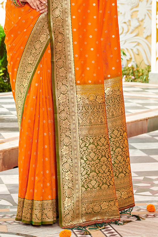 Orange Banarasi Silk Saree With Blouse Piece