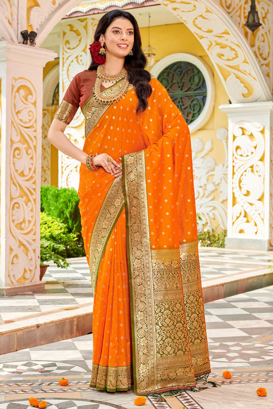 Orange Banarasi Silk Saree With Blouse Piece