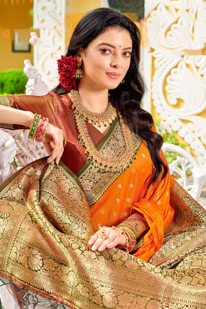 Orange Banarasi Silk Saree With Blouse Piece