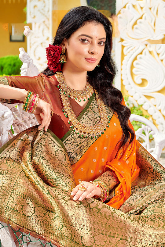 Orange Banarasi Silk Saree With Blouse Piece