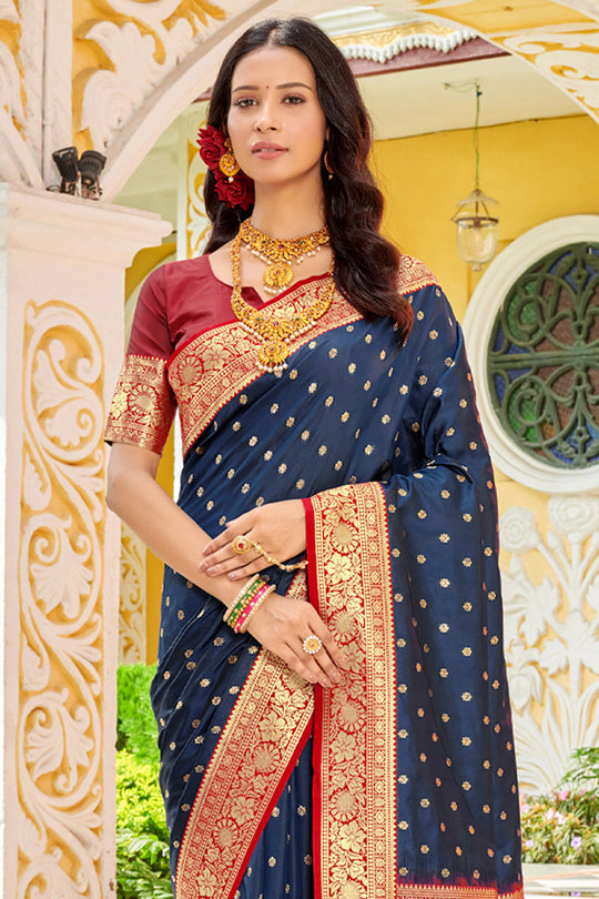 Navy Blue Banarasi Silk Saree With Blouse Piece