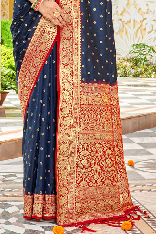 Navy Blue Banarasi Silk Saree With Blouse Piece