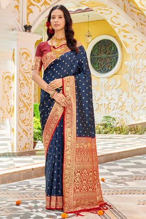 Navy Blue Banarasi Silk Saree With Blouse Piece