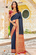 Navy Blue Banarasi Silk Saree With Blouse Piece