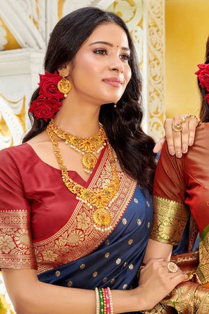 Navy Blue Banarasi Silk Saree With Blouse Piece