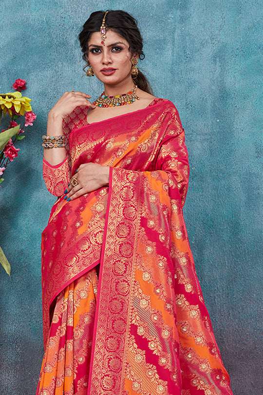Orange & Magenta Banarasi Silk Saree With Blouse